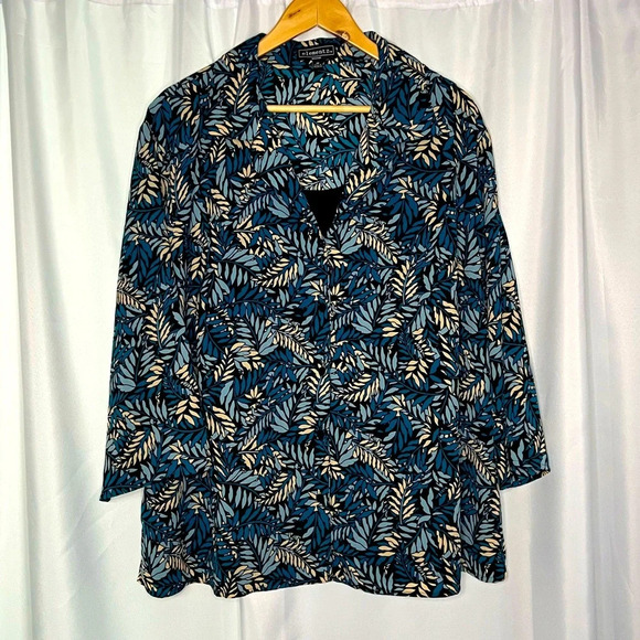 Elementz Woman Grey-Blue, Tan, Black & Teal Fern Pattern Mock Layer 3/4 Sleeve - Picture 1 of 8